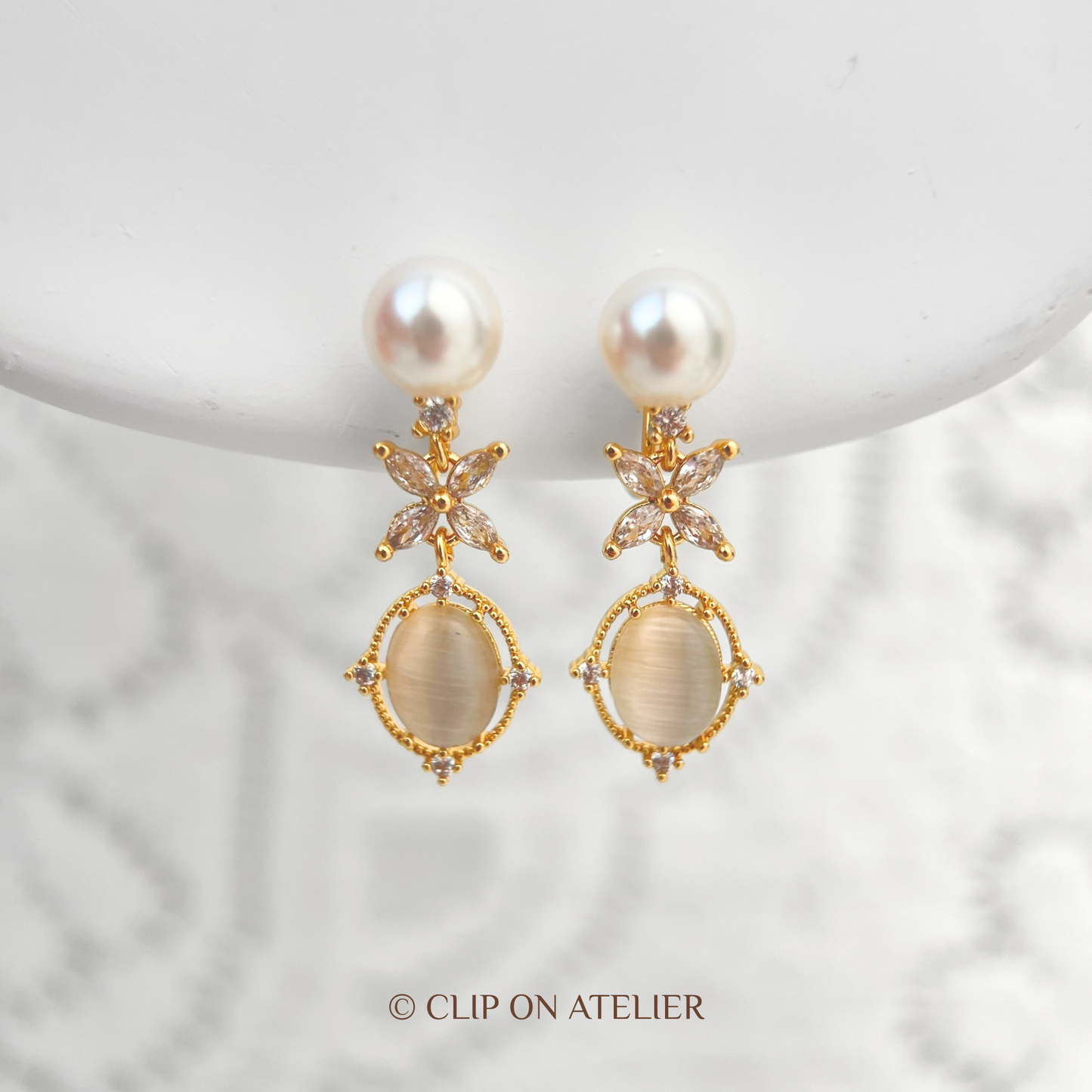 Art Deco Pearl Diamond Flower Drop Clip On Earrings