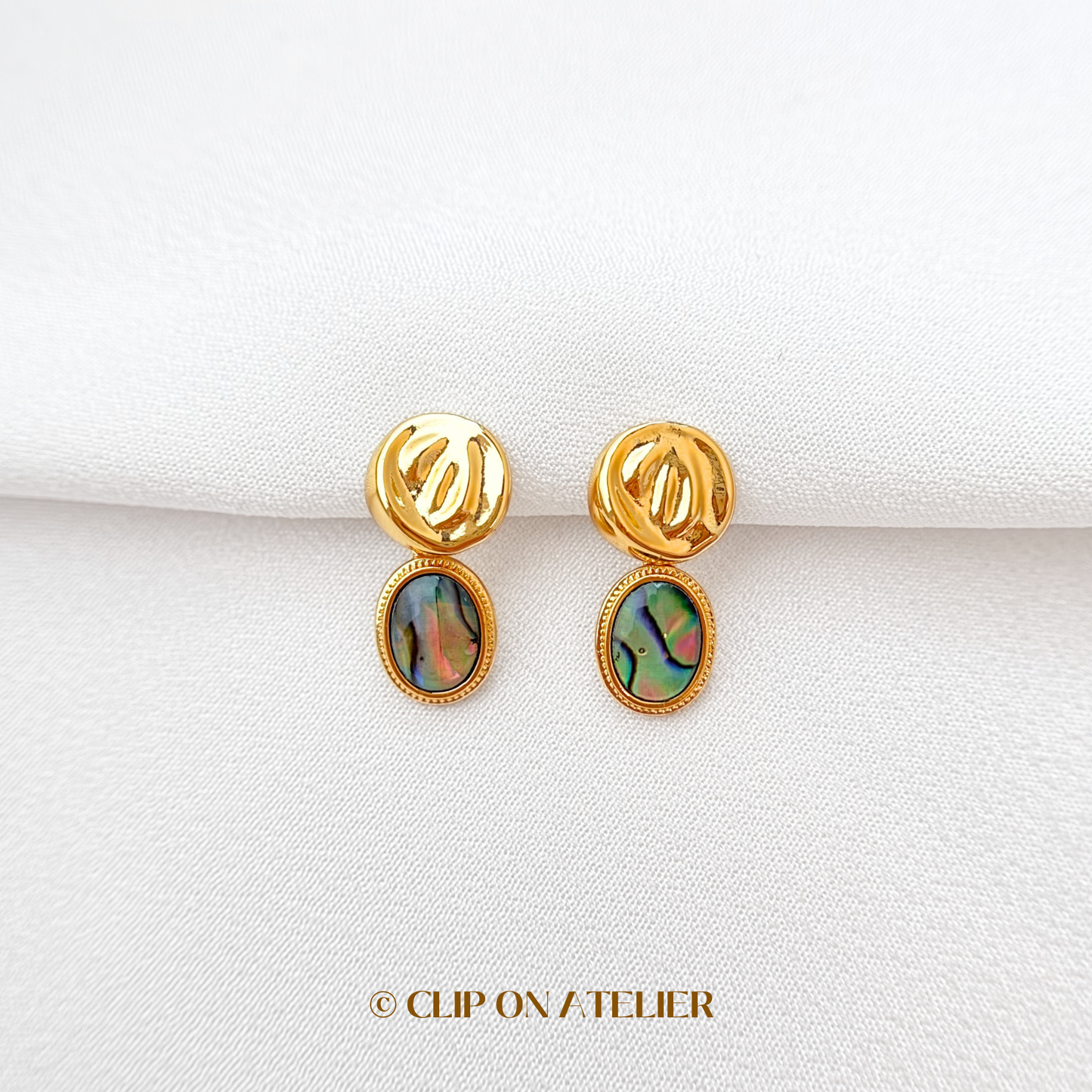 Minimalist Abalone Shell Gold Drop Clip On Earrings