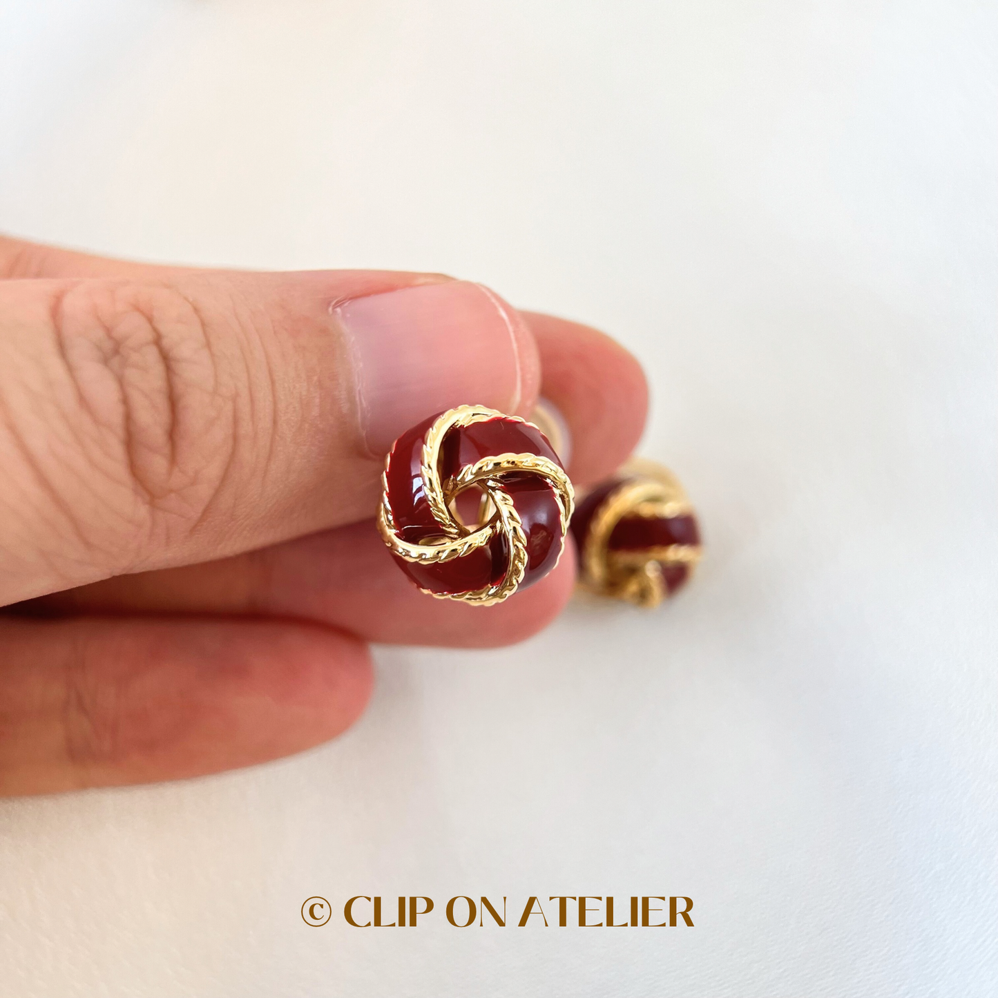 Burgundy Enamel Twisted Knot Gold Clip On Earrings