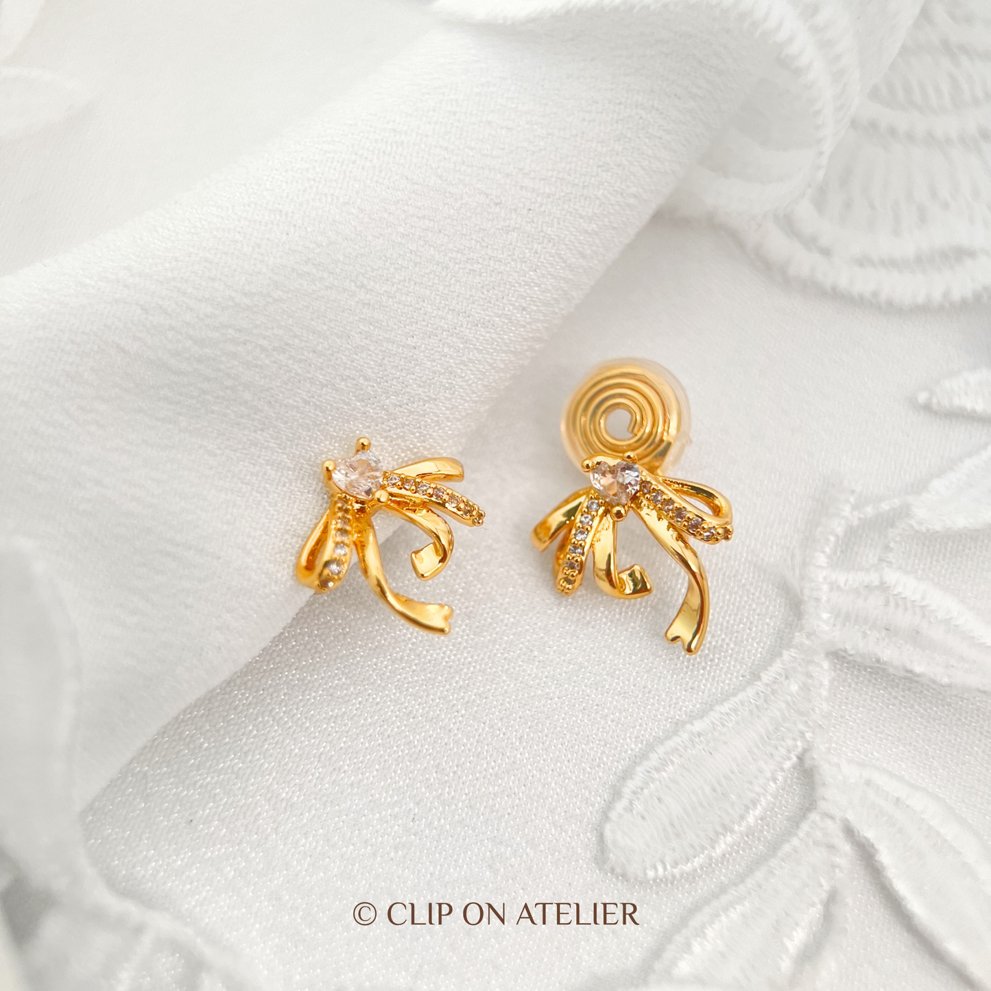 Crystal Heart Bow Clip-On Earrings