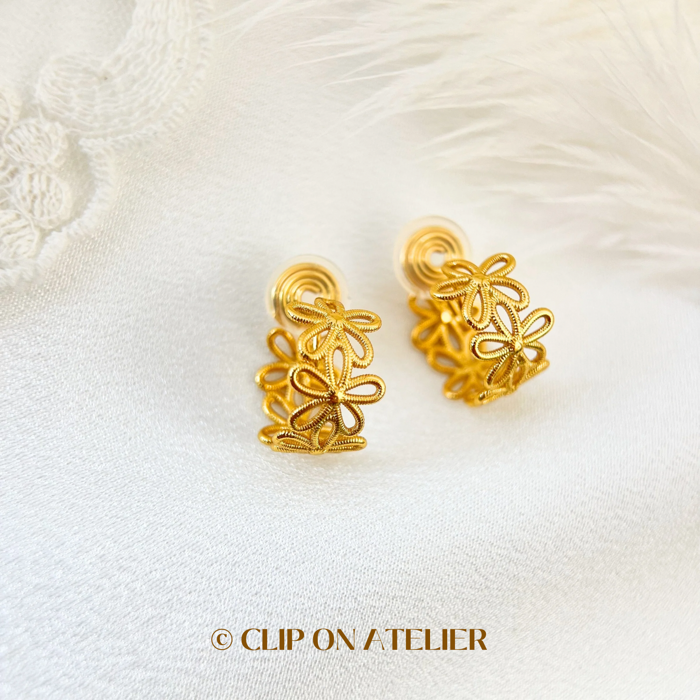 Unique Flower Gold Hoop Clip On Earrings