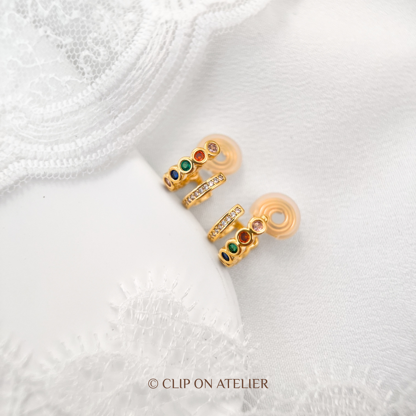 Dual Hoop Colorful CZ Diamond Clip-On Earrings