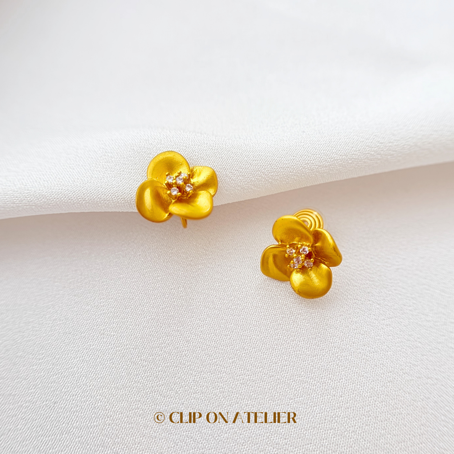 French Chic Matte Gold Flower Clip on Earrings