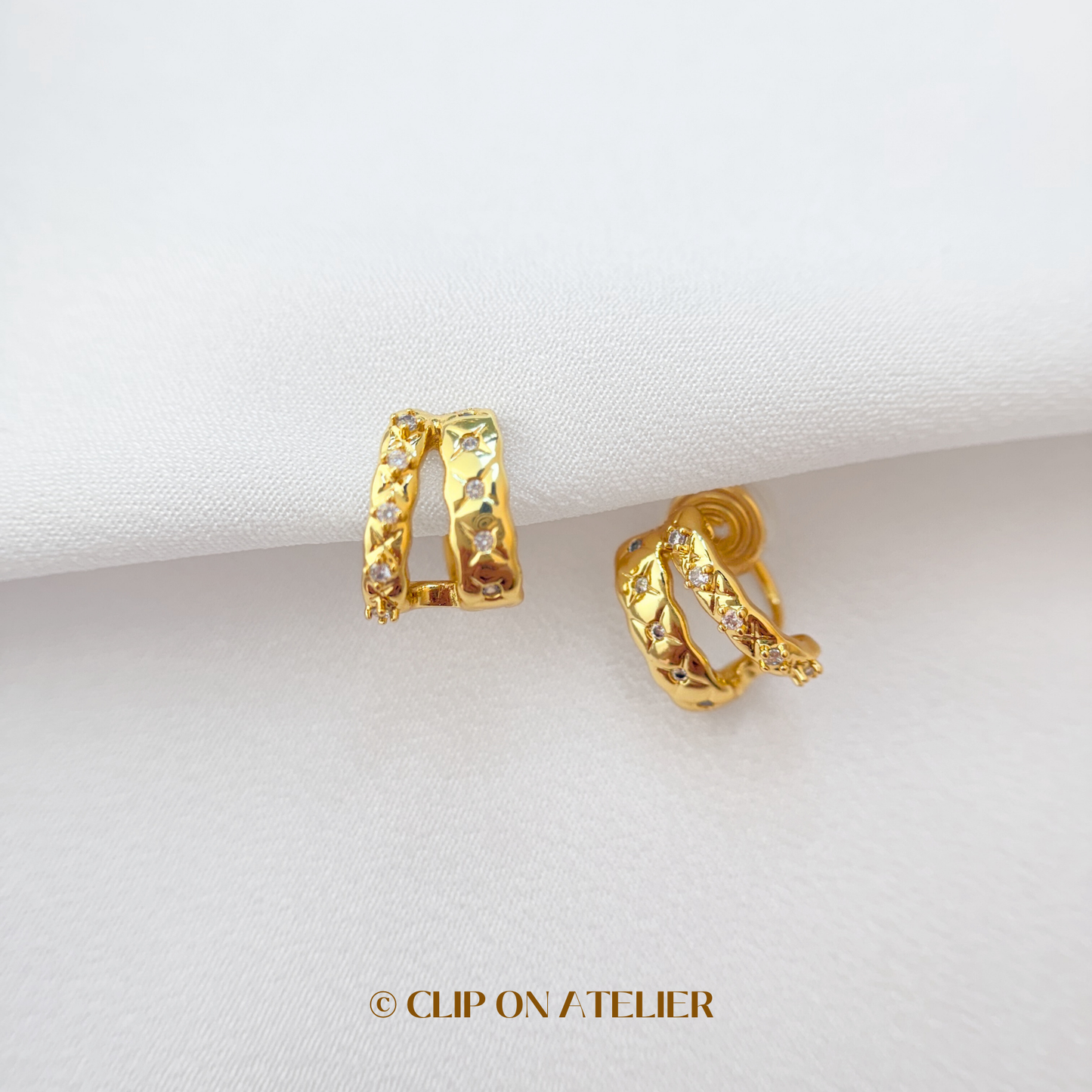 Celestial Double Gold C-Shaped Hoop Clip On Earrings
