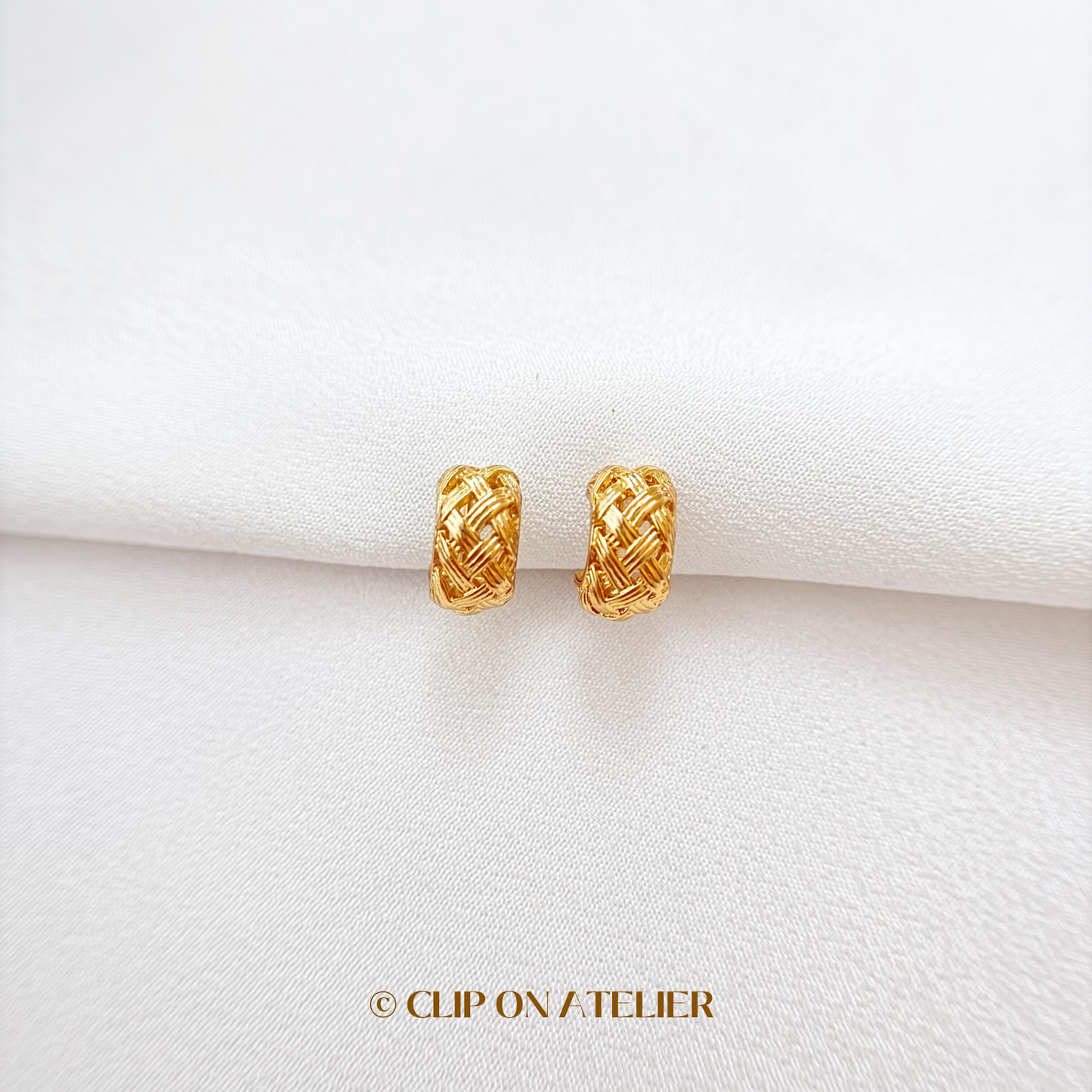 Woven Gold C-Shaped Hoop Clip On Earrings