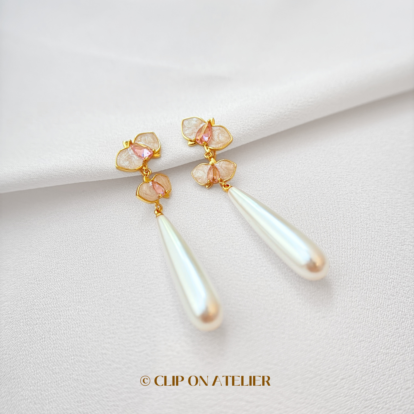 Fairy Orchids CZ Diamond Crystal Pearl Clip On Earrings