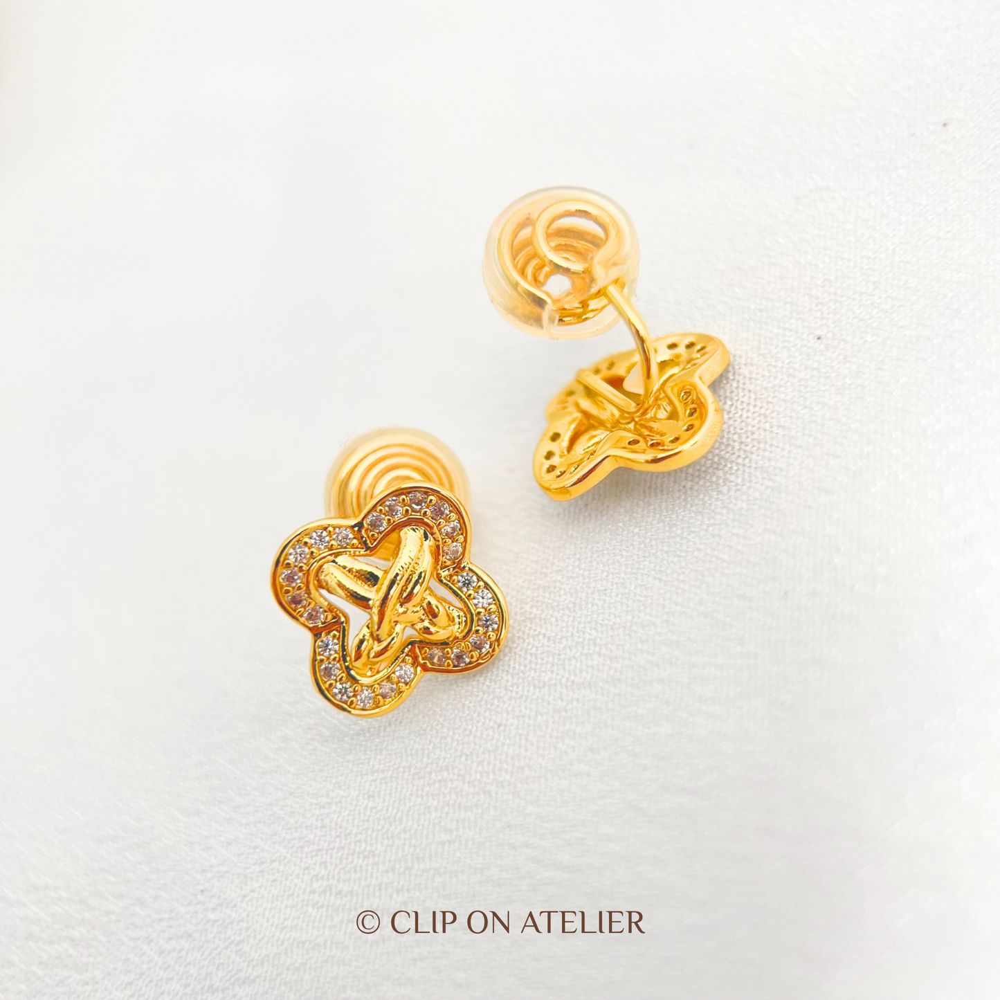 Dainty Gold Diamond Clover Clip On Earrings