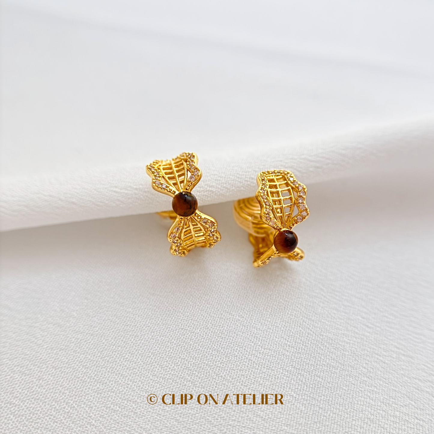 Tigers Eye Lace CZ Diamond Hoop Clip On Earrings