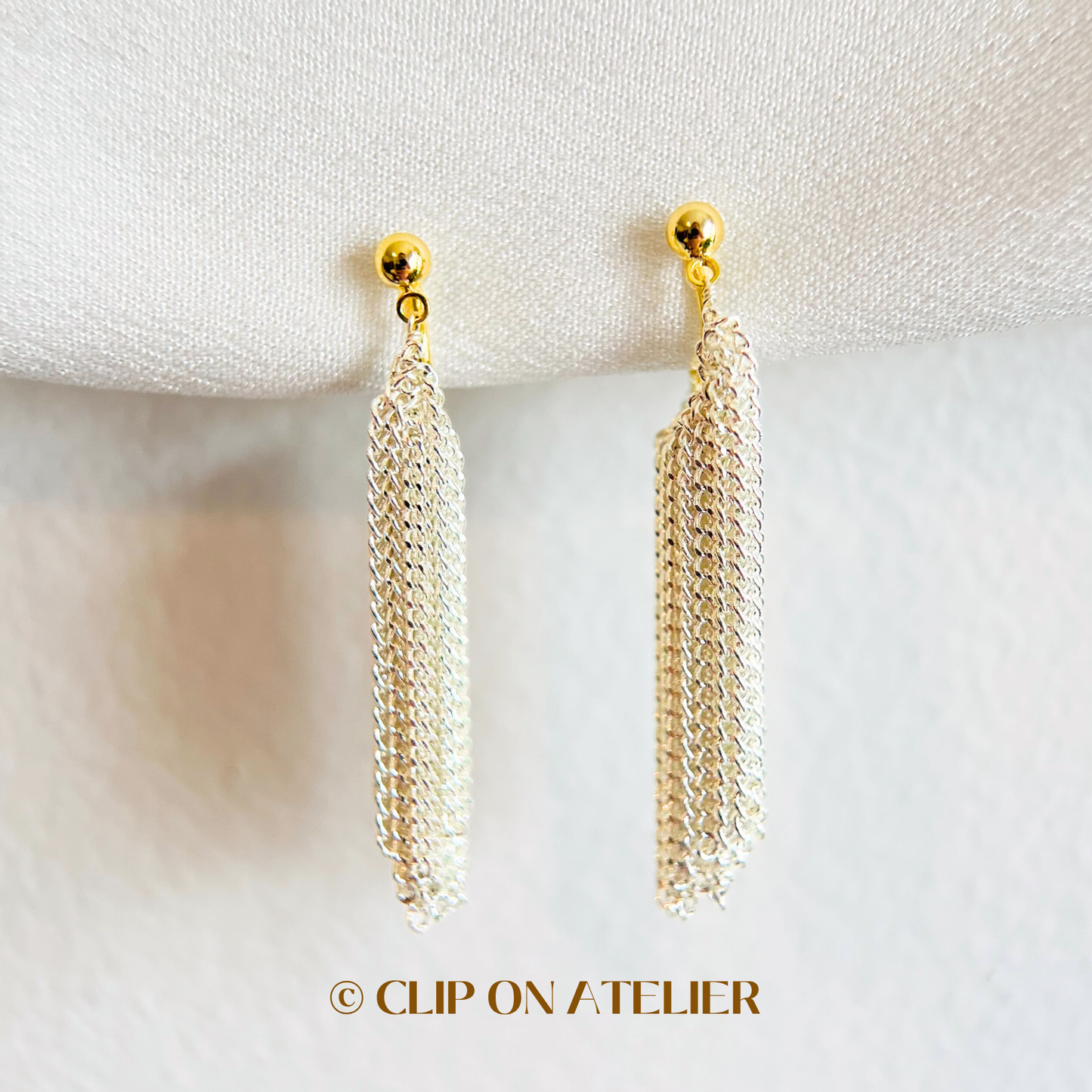 Modern Silver Tassel Drop Clip On Earrings