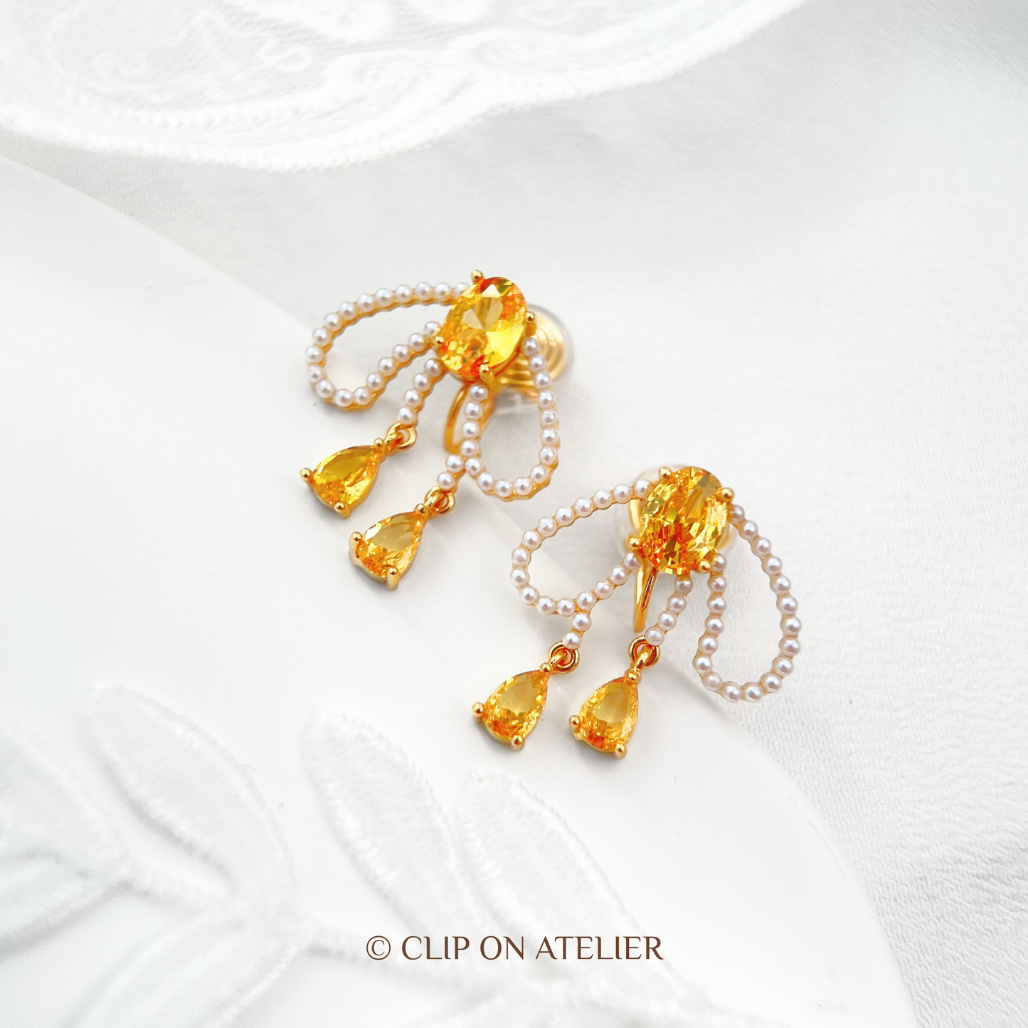 Fairy Citrine & Crystal Pearl Bow Drop Clip-On Earrings
