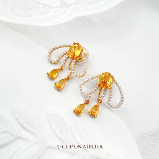 Fairy Citrine & Crystal Pearl Bow Drop Clip-On Earrings