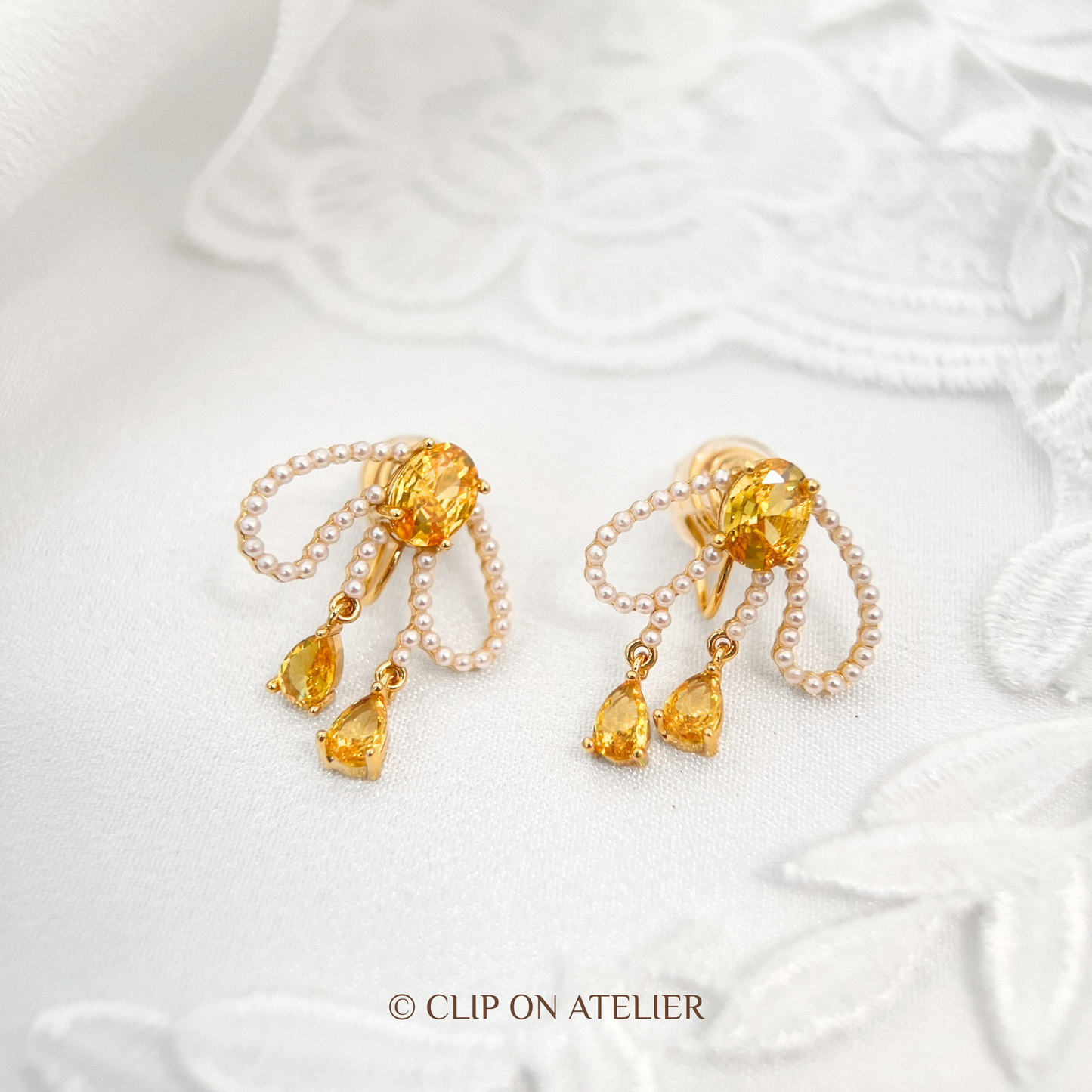 Fairy Citrine & Crystal Pearl Bow Drop Clip-On Earrings
