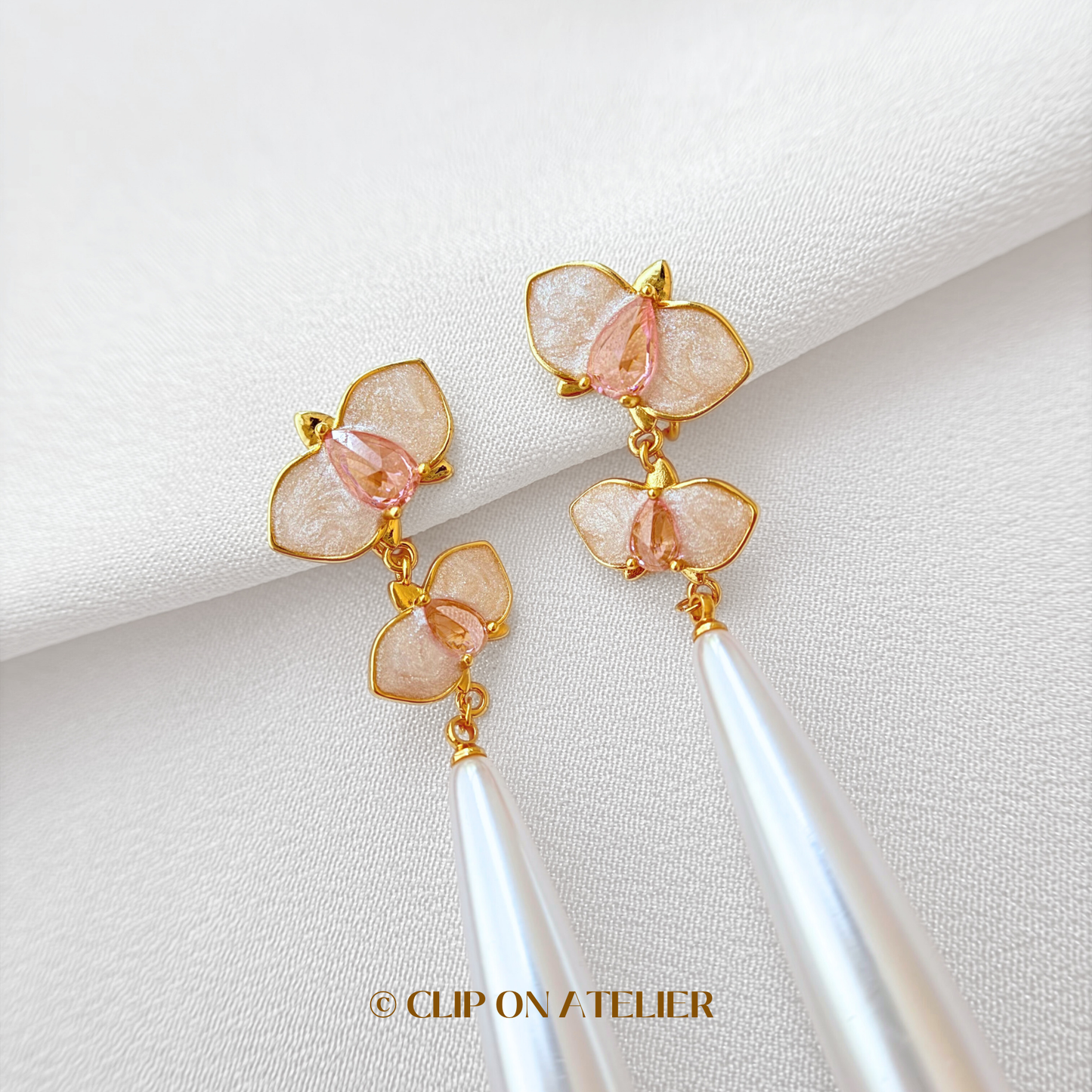 Fairy Orchids CZ Diamond Crystal Pearl Clip On Earrings