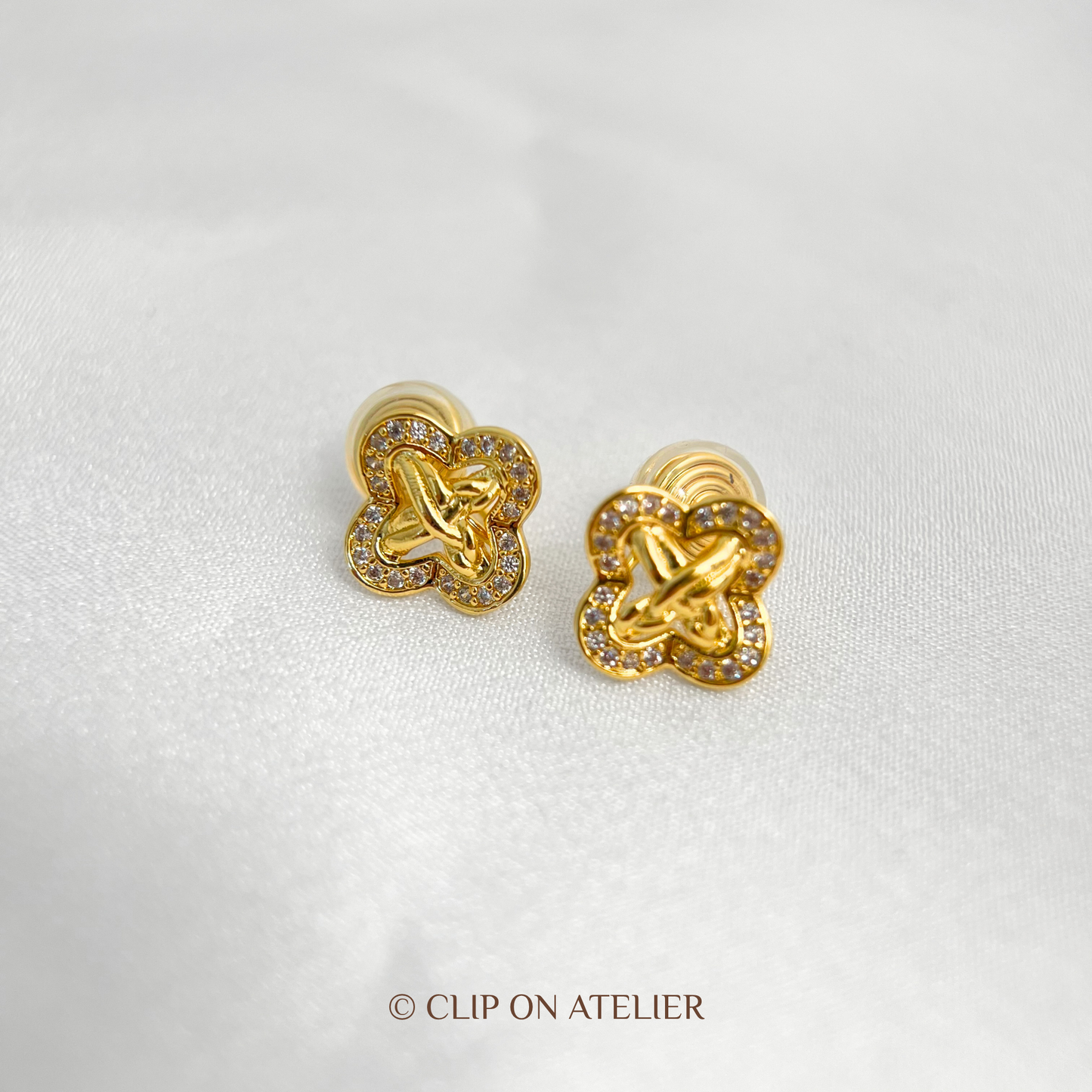 Dainty Gold Diamond Clover Clip On Earrings