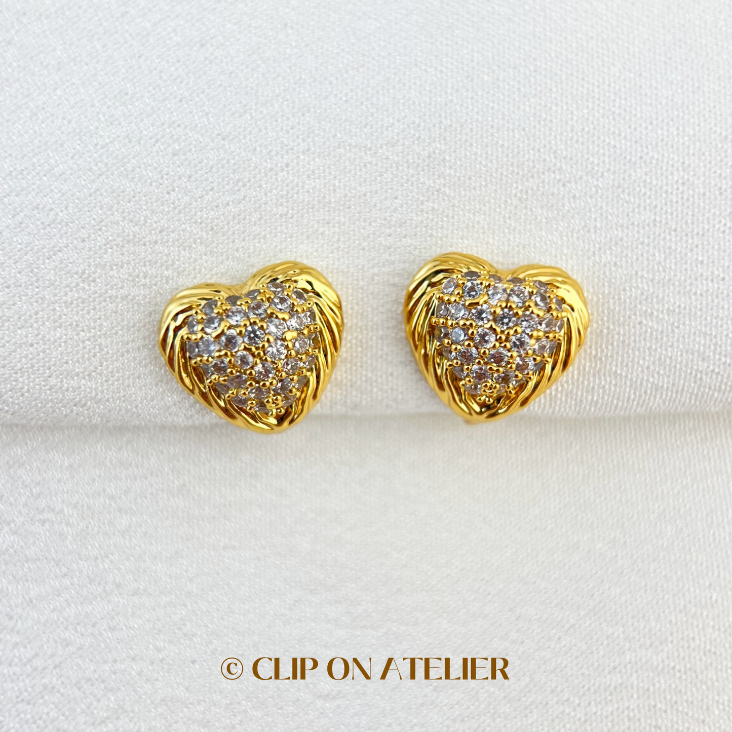 Gold Diamond Pavé Heart Clip On Earrings
