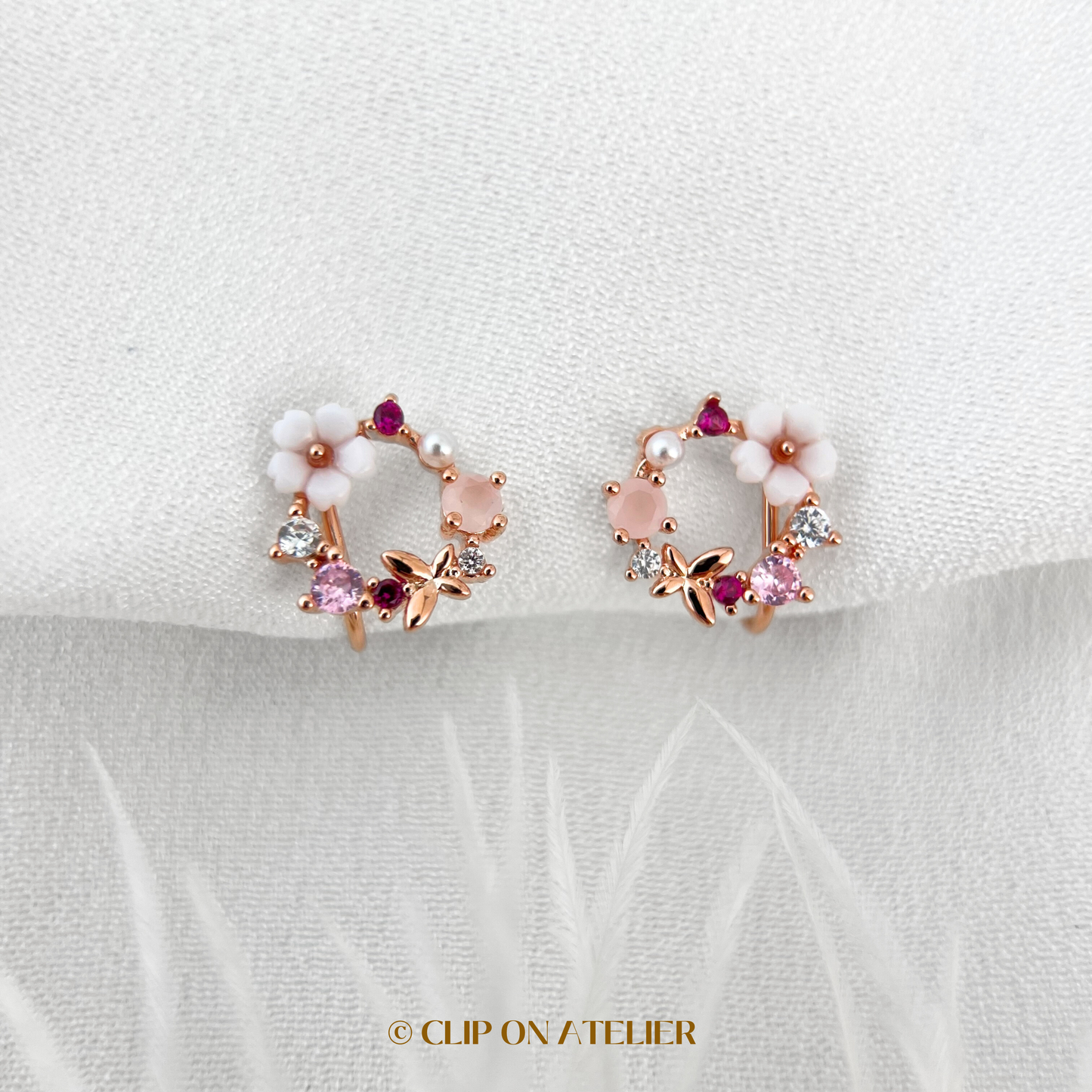 Pink Cherry Blossom Rose Gold Clip On Earrings