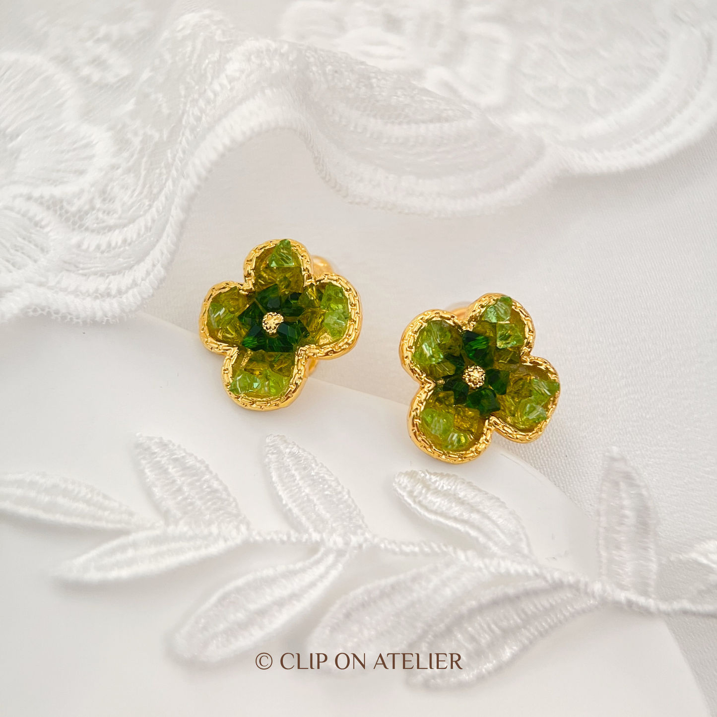 Olive Clover Crystal Clip-On Earrings