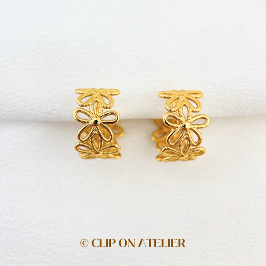 Unique Flower Gold Hoop Clip On Earrings