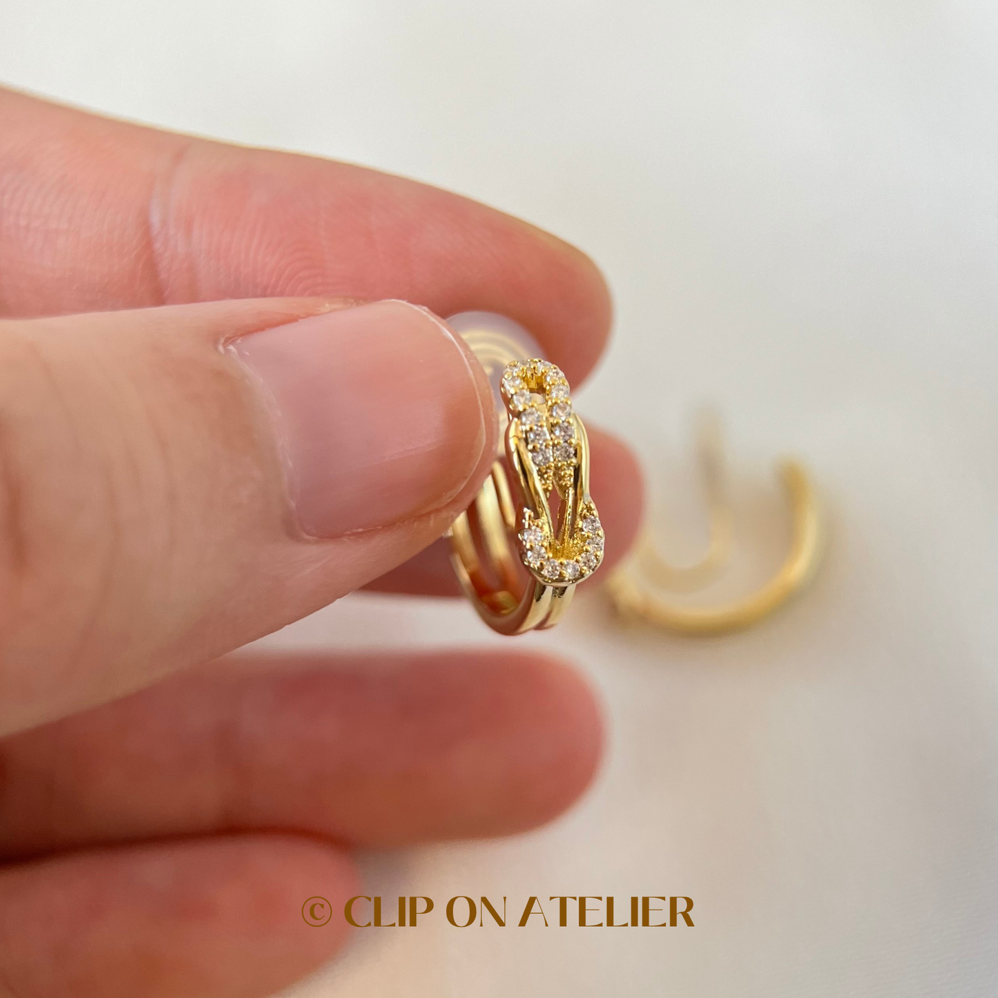 French Chic Belt Detail CZ Diamond Hoop Clip On Earrings by