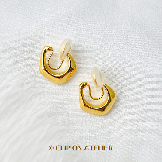 Unique Hexagon Gold Hoop Clip On Earrings