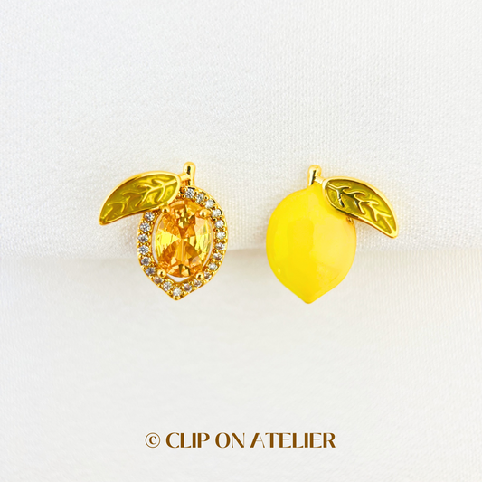 Mismatched Lemon CZ Diamonds Gold Clip On Earrings