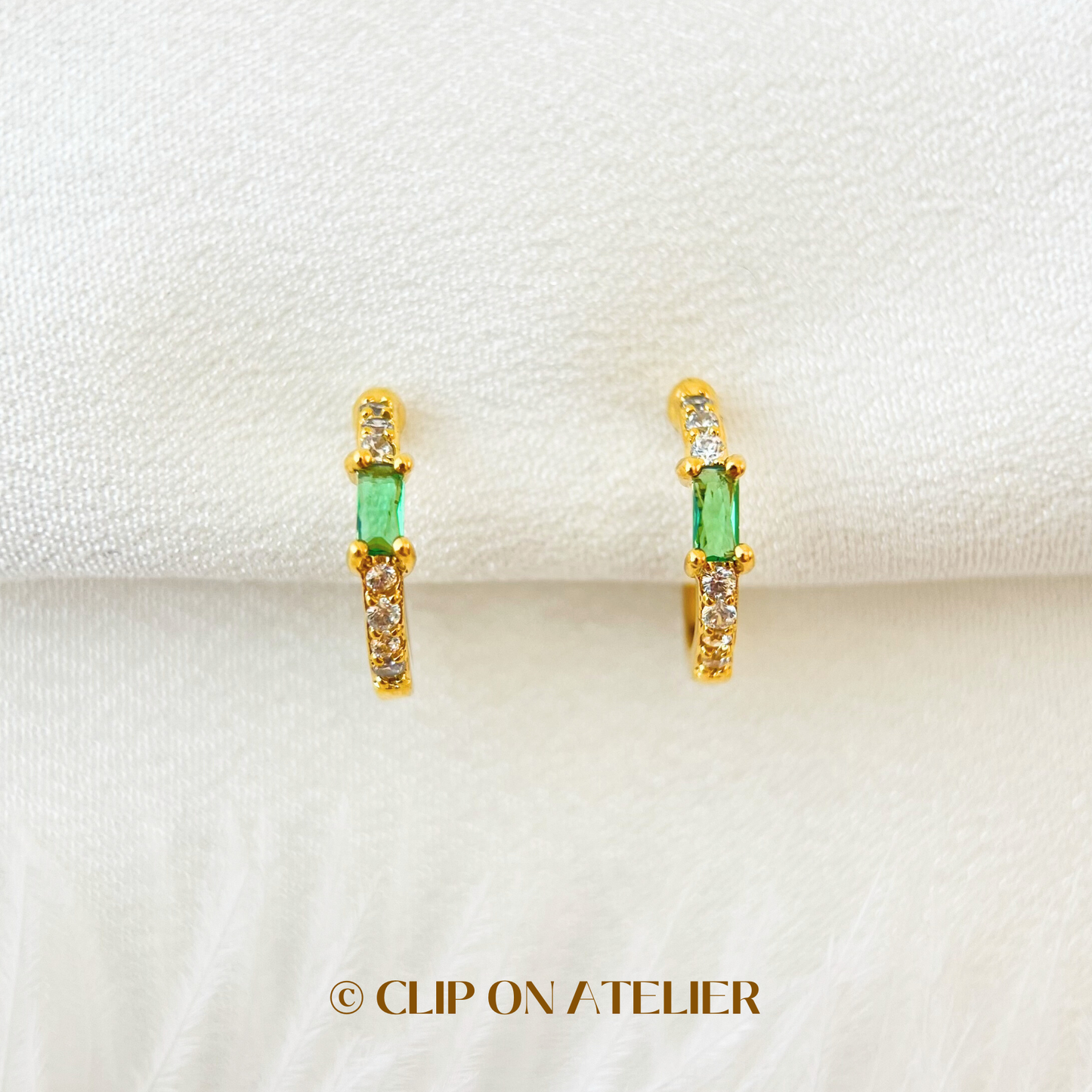 Dainty Gold Hoop Emerald Clip On Earrings