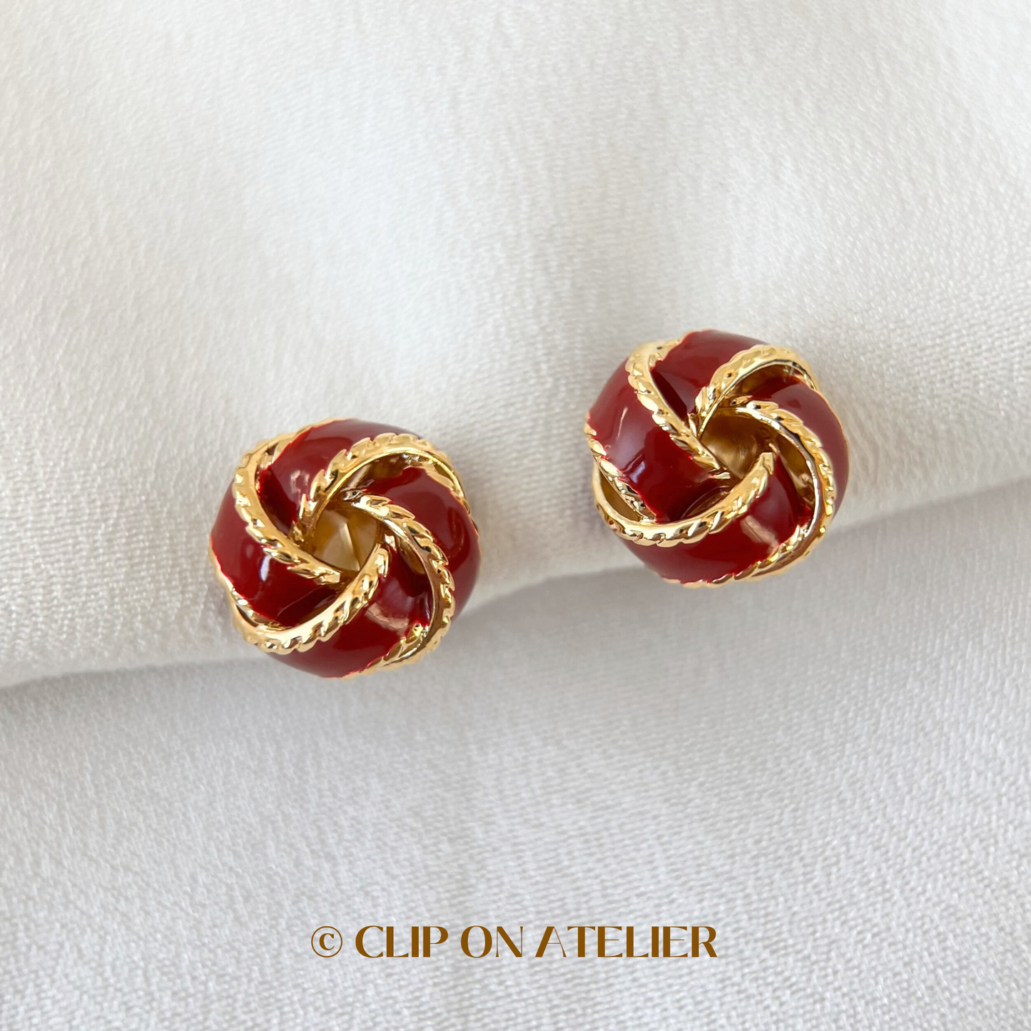 Burgundy Enamel Twisted Knot Gold Clip On Earrings