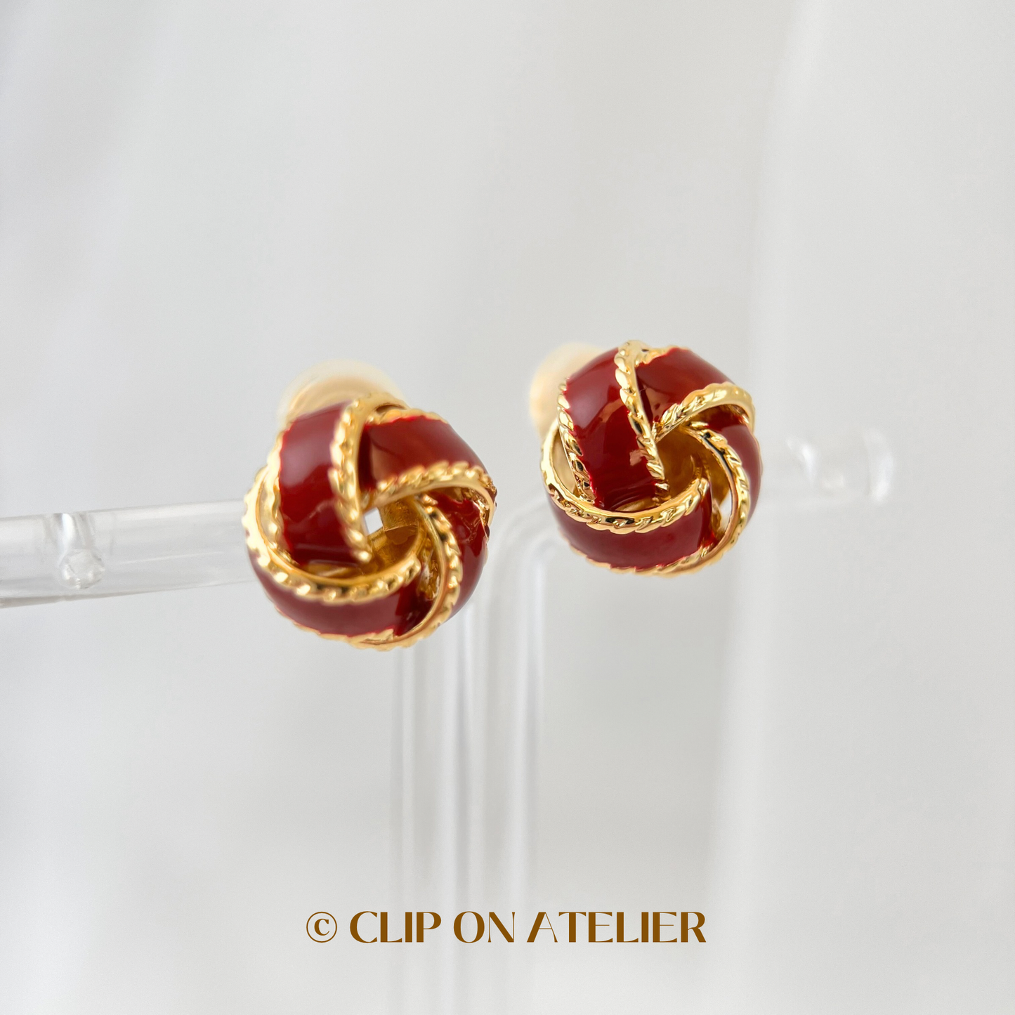 Burgundy Enamel Twisted Knot Gold Clip On Earrings