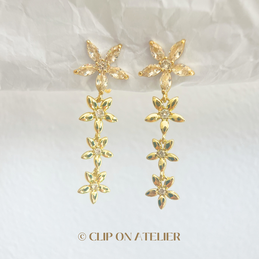 Luxe Gold CZ Diamond Flower Drop Flower Clip On Earrings