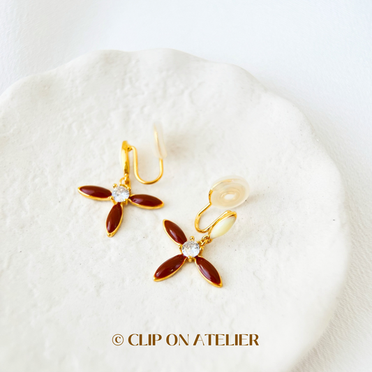 Brown Clover Flower Enamel Lucky Hoop Drop Clip On Earrings