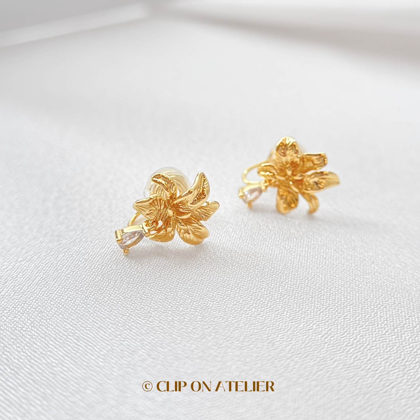 Dainty Gold Flower CZ Diamond Clip On Earrings