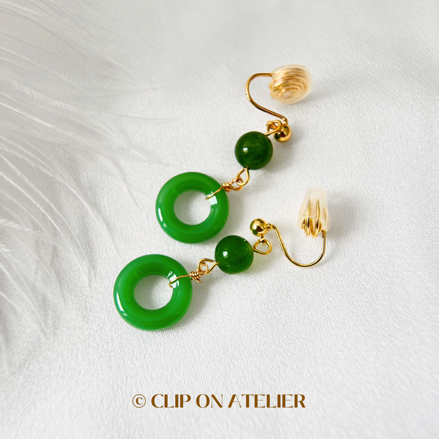 Green Jade Lucky Hoop Drop Clip On Earrings