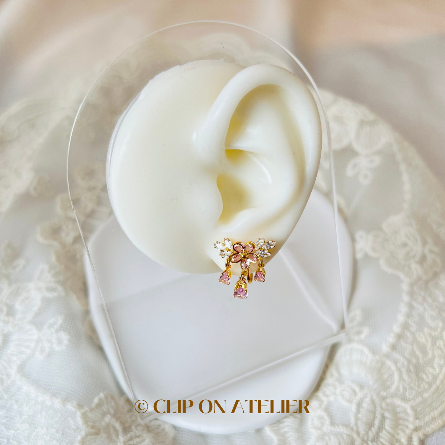 Luxe Pink Diamond Flower Dangle Clip On Earrings