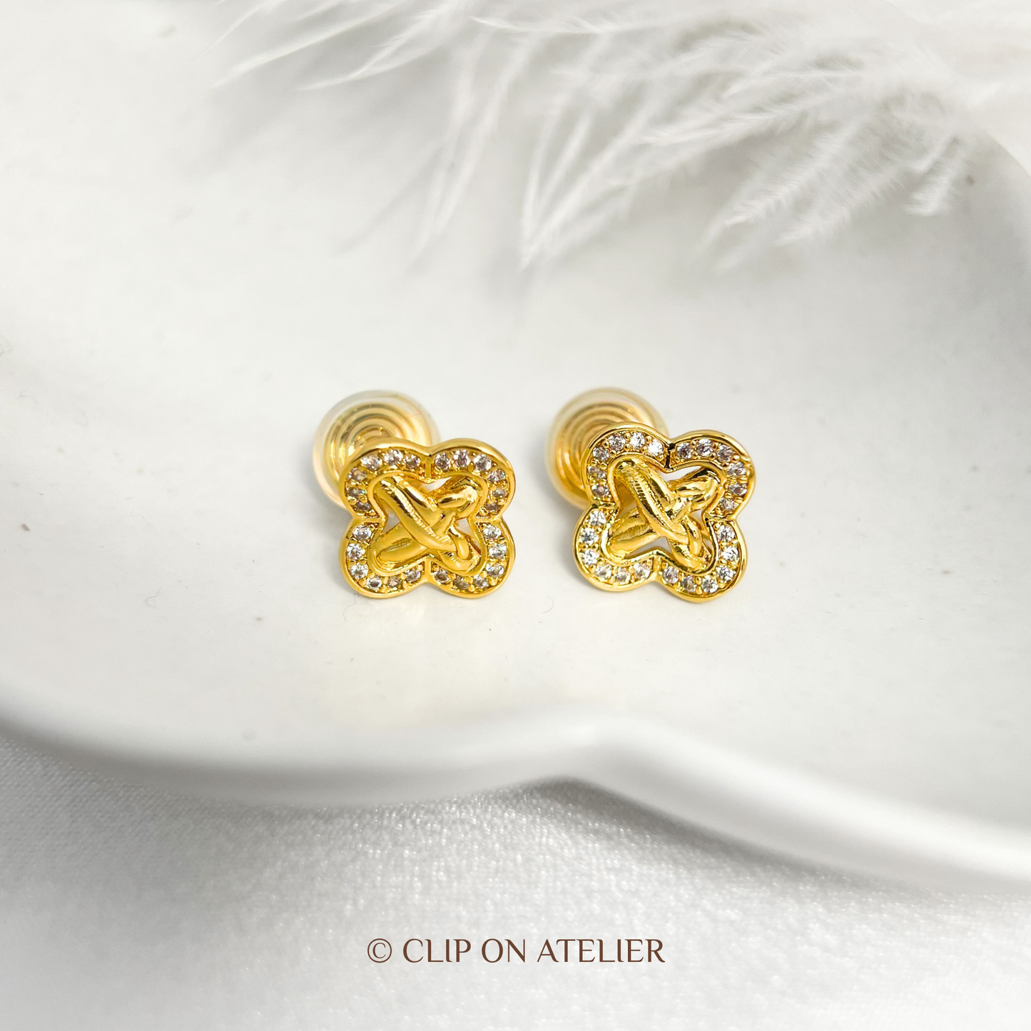 Dainty Gold Diamond Clover Clip On Earrings