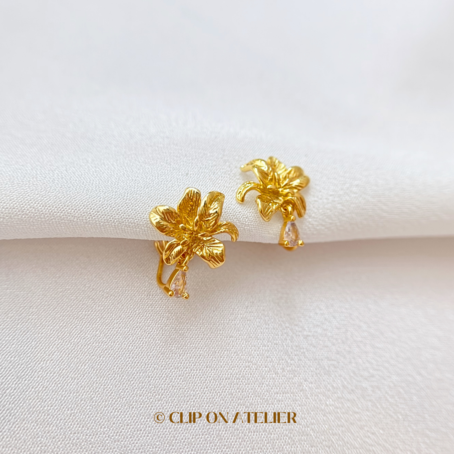 Dainty Gold Flower CZ Diamond Clip On Earrings