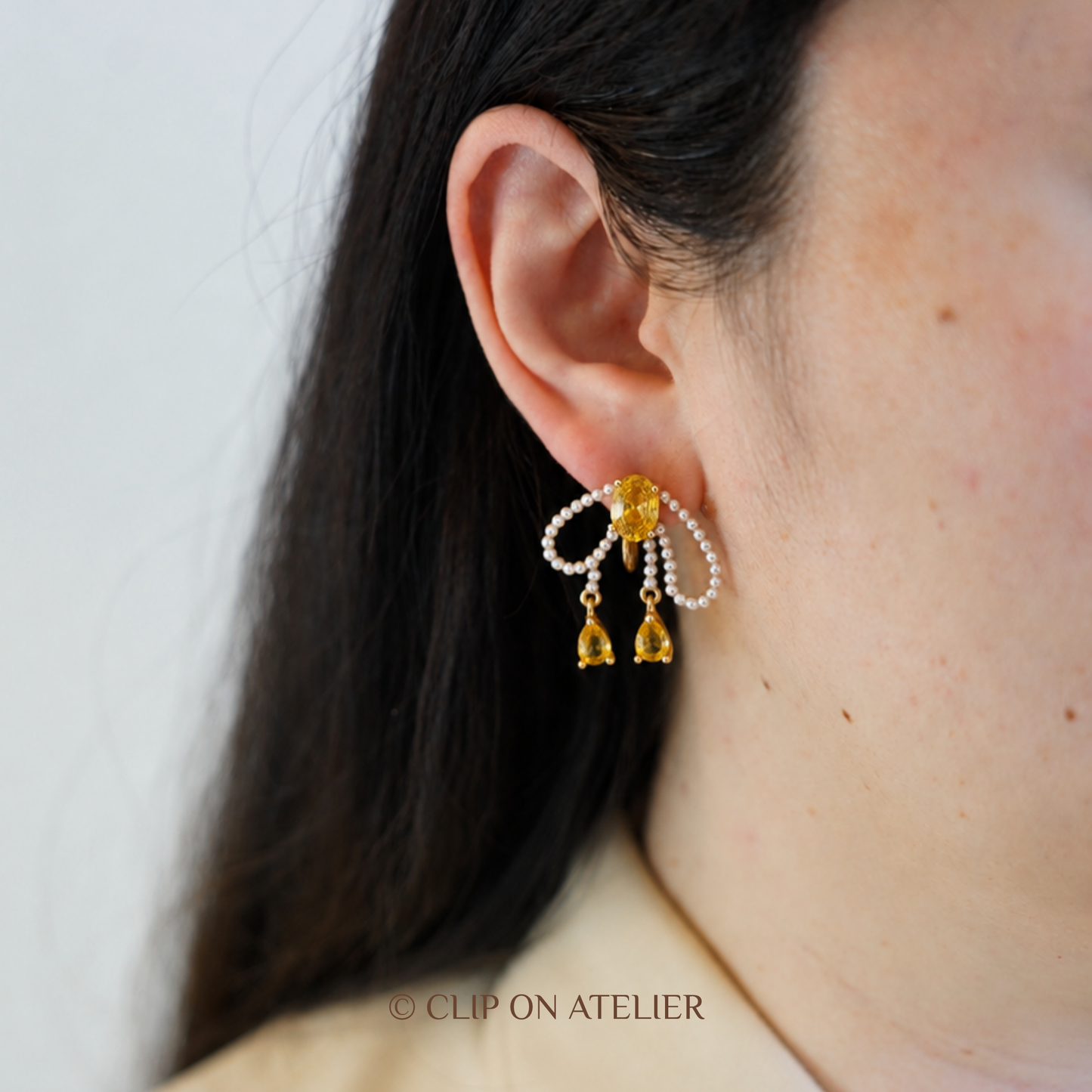Fairy Citrine & Crystal Pearl Bow Drop Clip-On Earrings