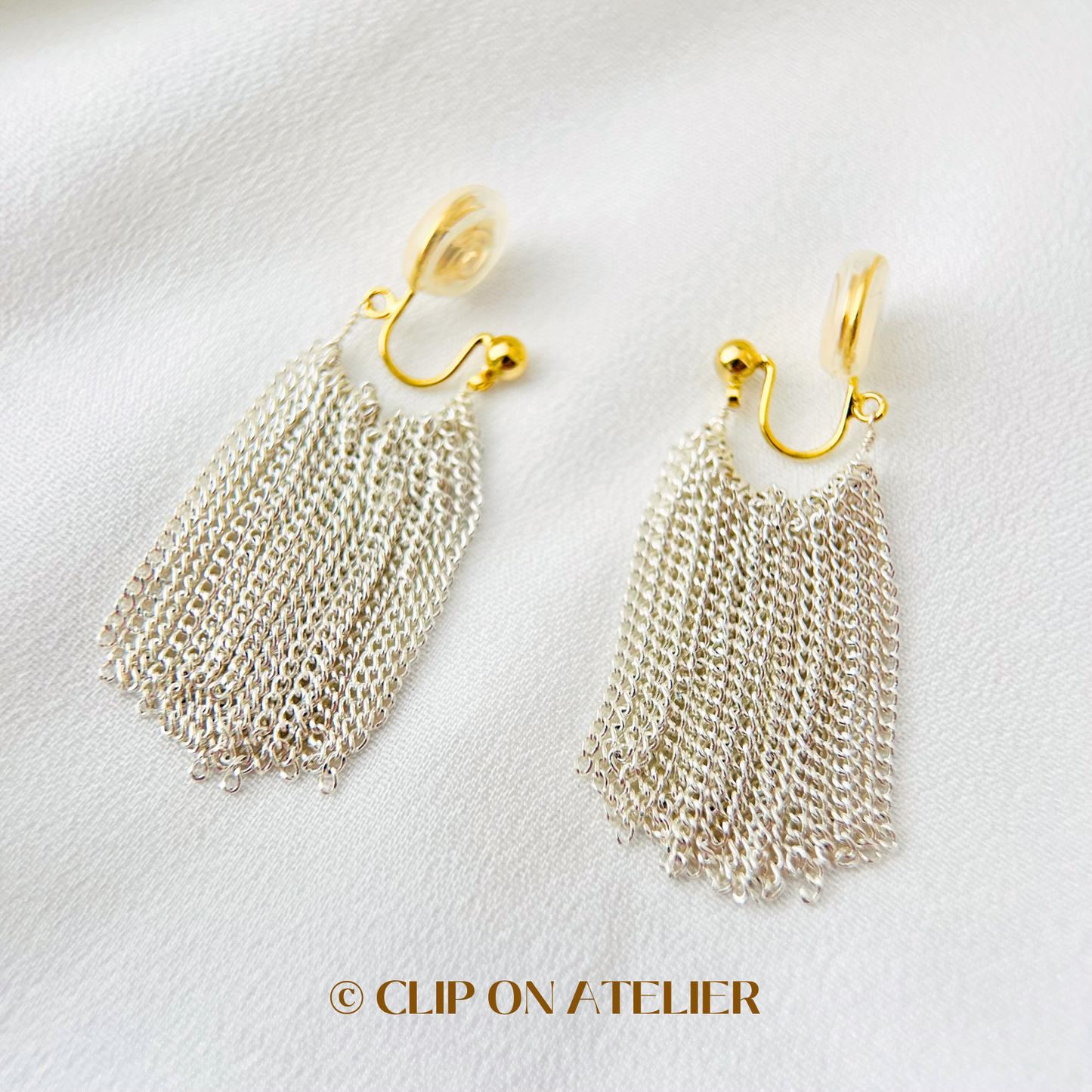 Modern Silver Tassel Drop Clip On Earrings
