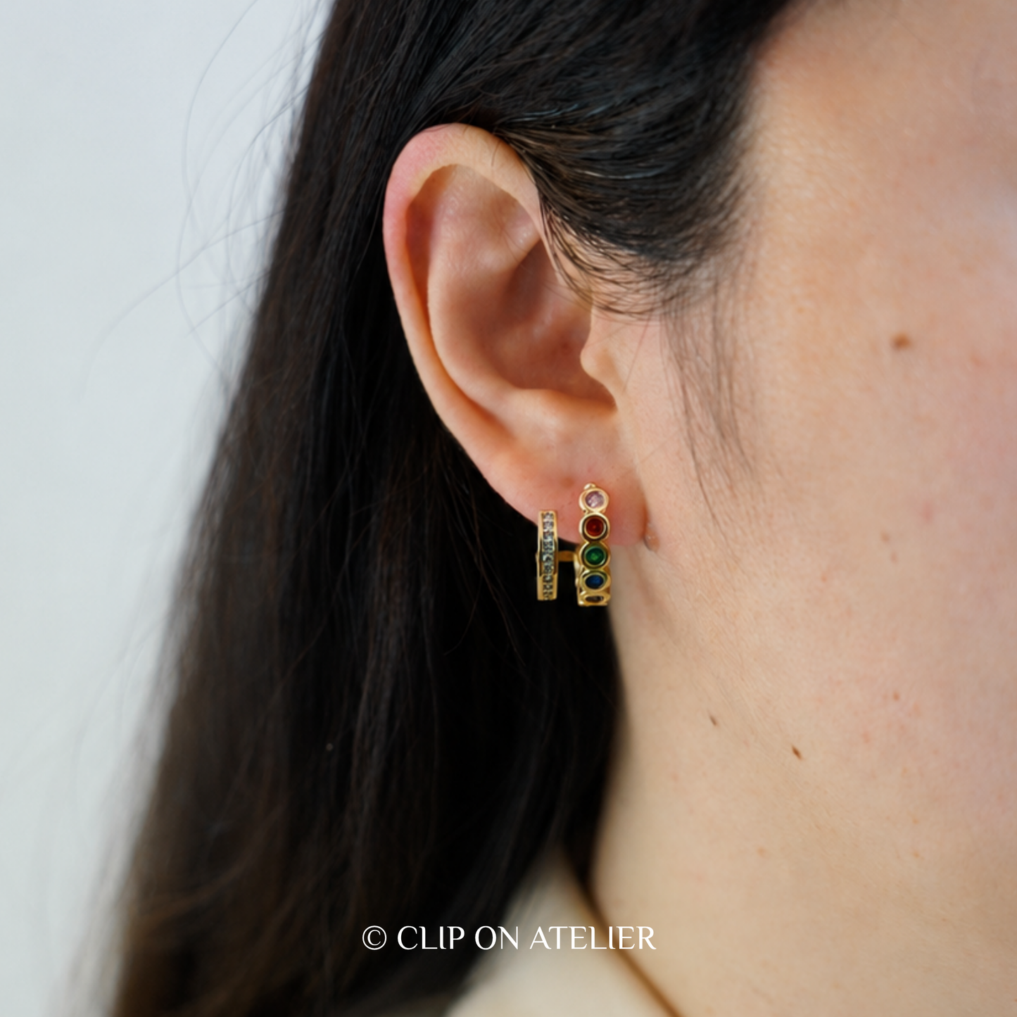 Dual Hoop Colorful CZ Diamond Clip-On Earrings