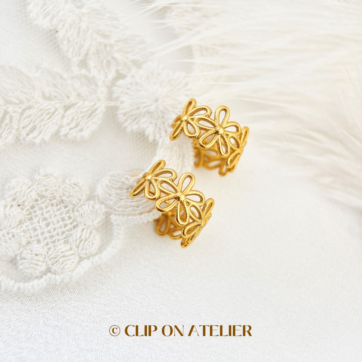 Unique Flower Gold Hoop Clip On Earrings