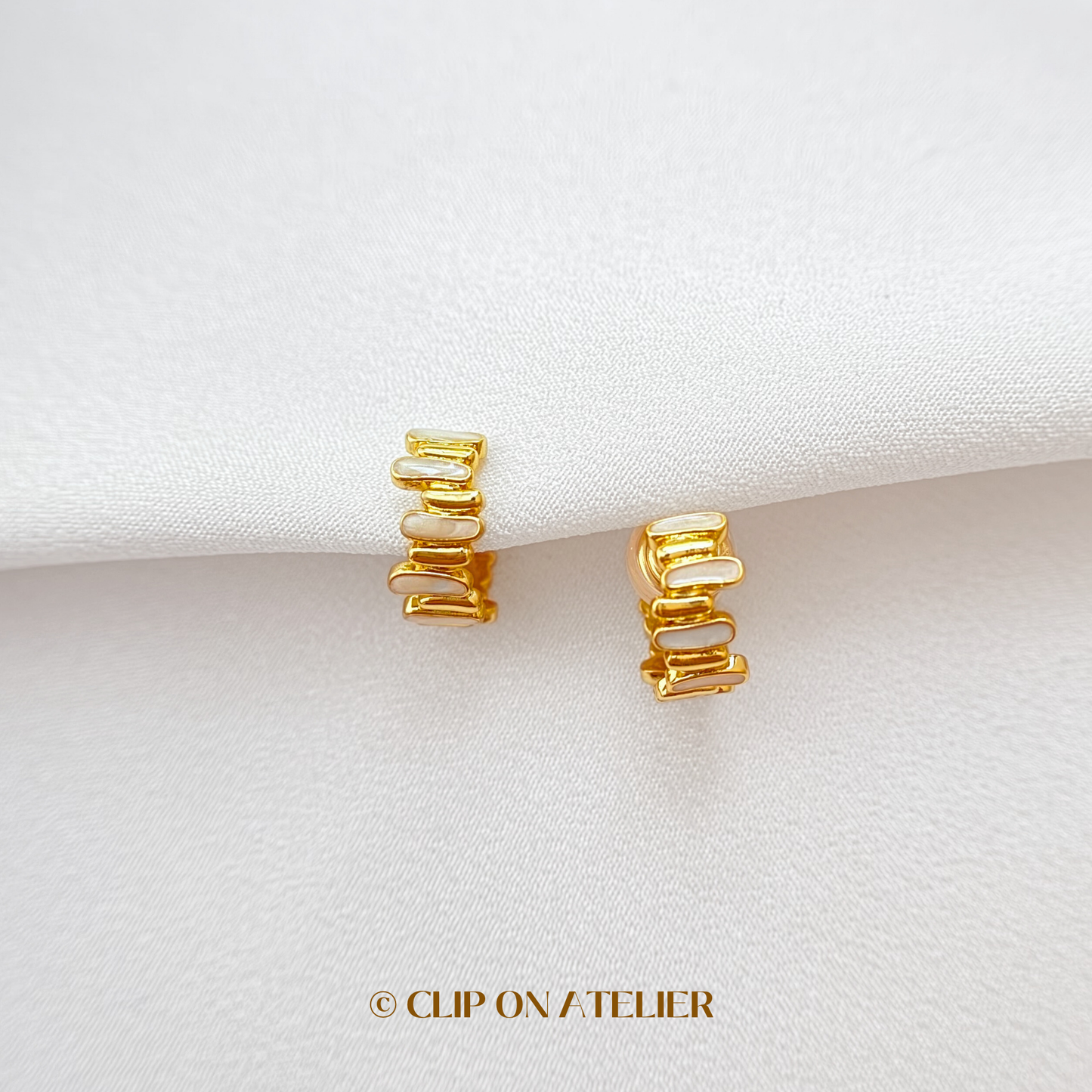 Artistic White Enamel Gold Hoop Clip On Earrings
