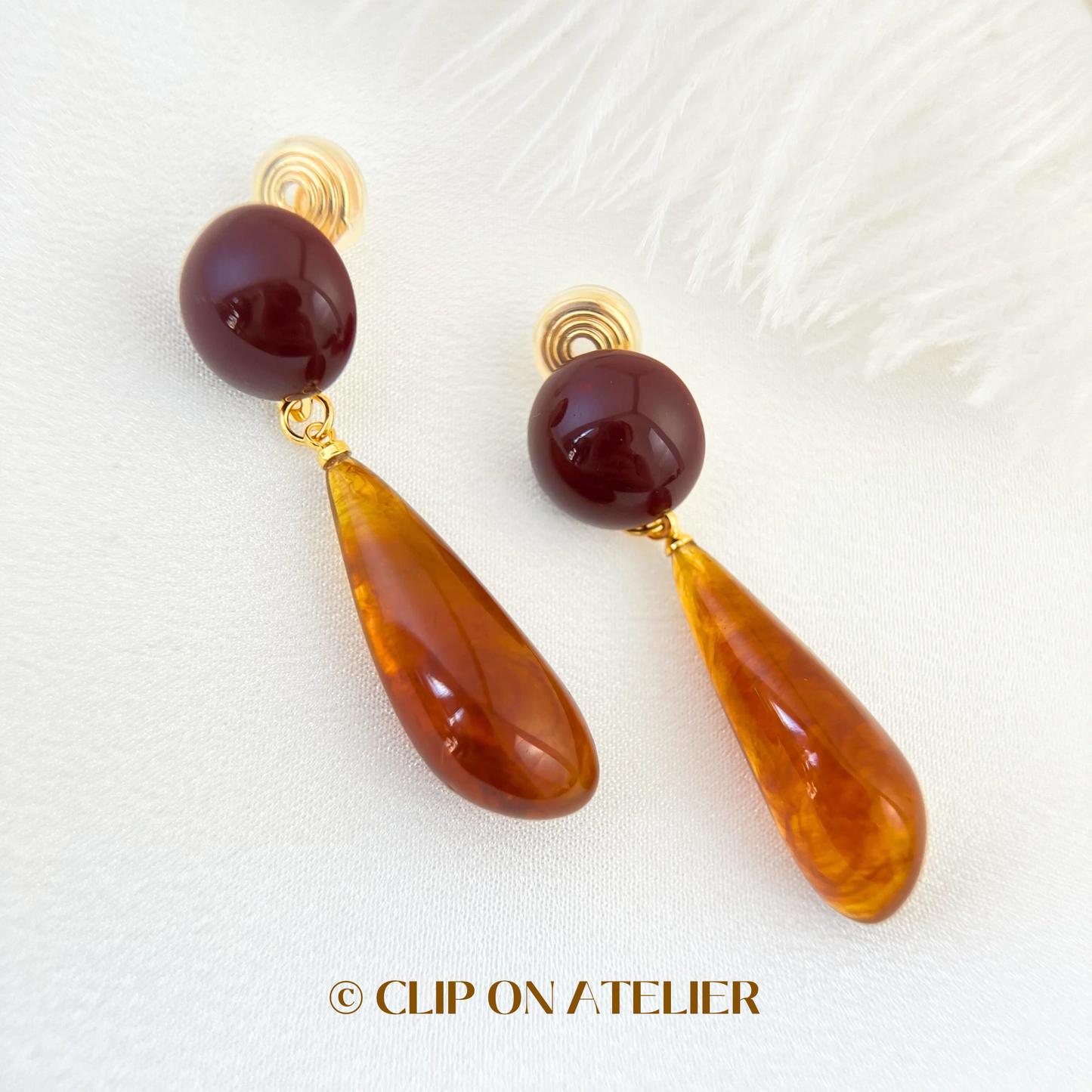 Artistic Retro Burgundy Resin Statement Clip On Earrings