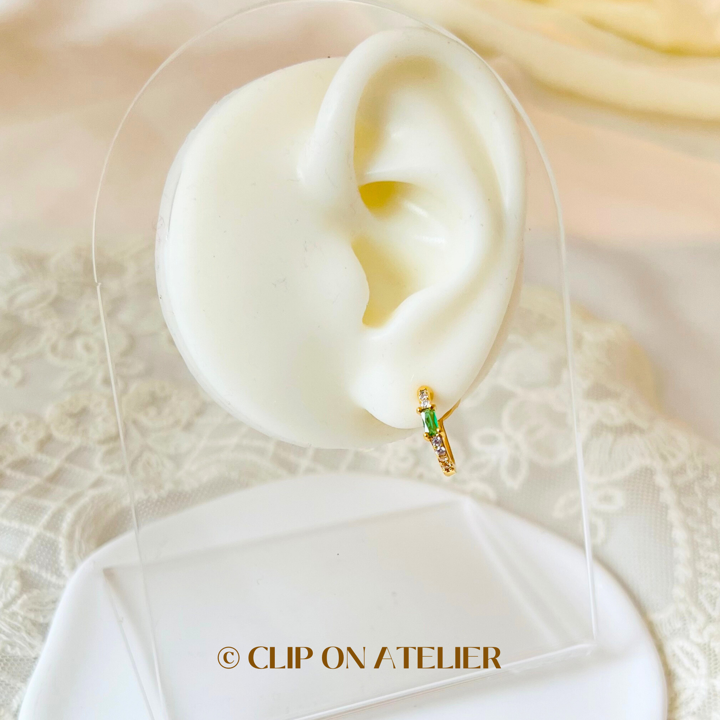 Dainty Gold Hoop Emerald Clip On Earrings