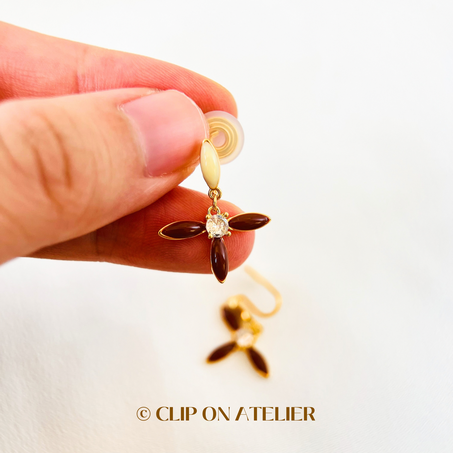 Brown Clover Flower Enamel Lucky Hoop Drop Clip On Earrings