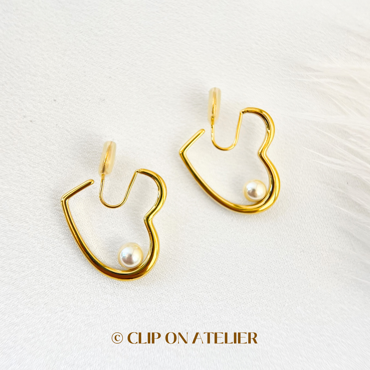 Modern Heart Hoop Crystal Pearl Clip On Earrings