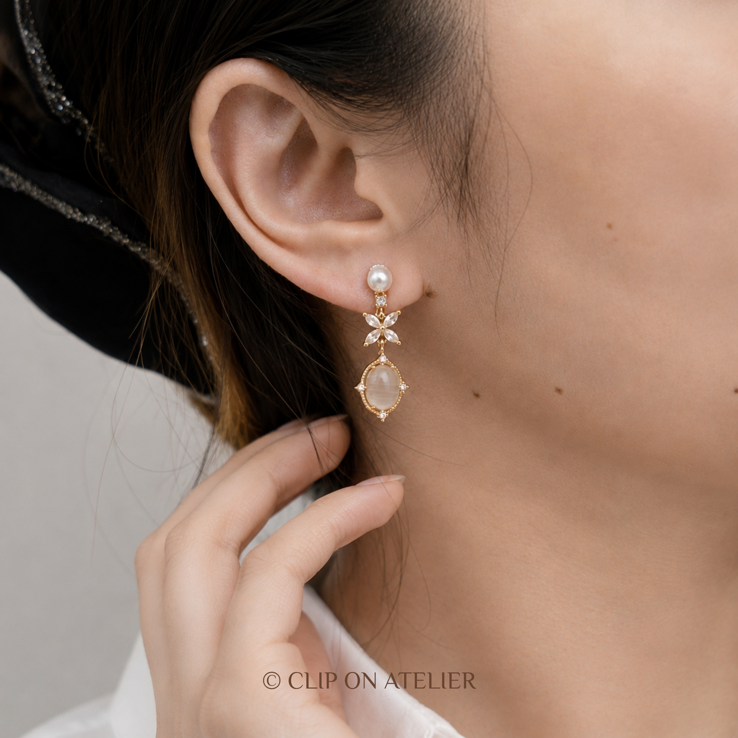 Art Deco Pearl Diamond Flower Drop Clip On Earrings