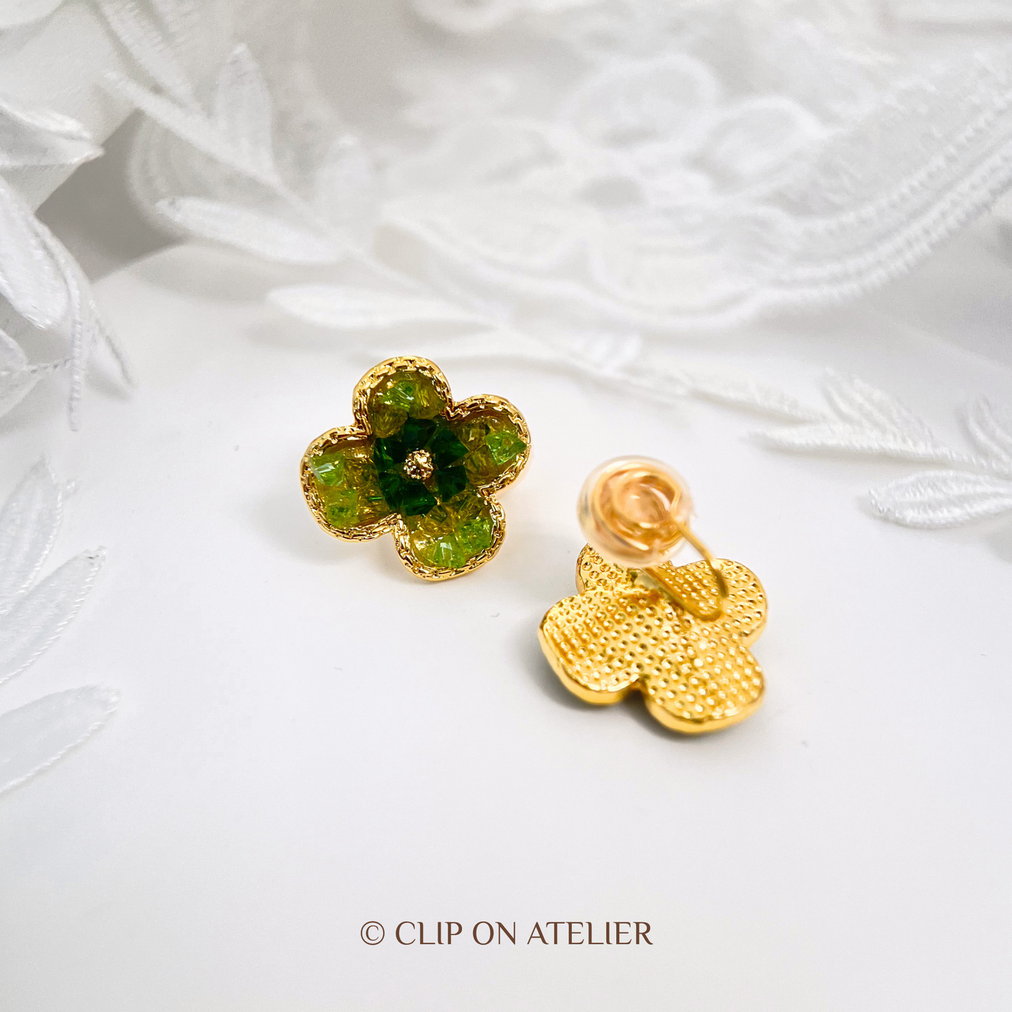 Olive Clover Crystal Clip-On Earrings