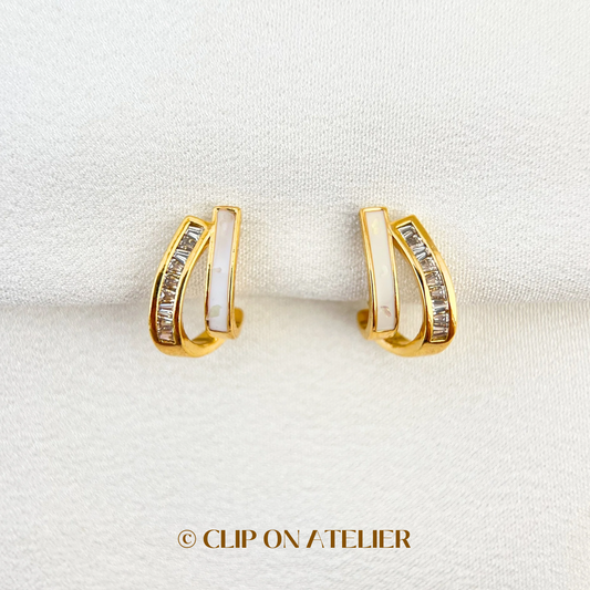 Gold Double Bands Diamond White Oil Dripping Half Hoop Clip On Earrings