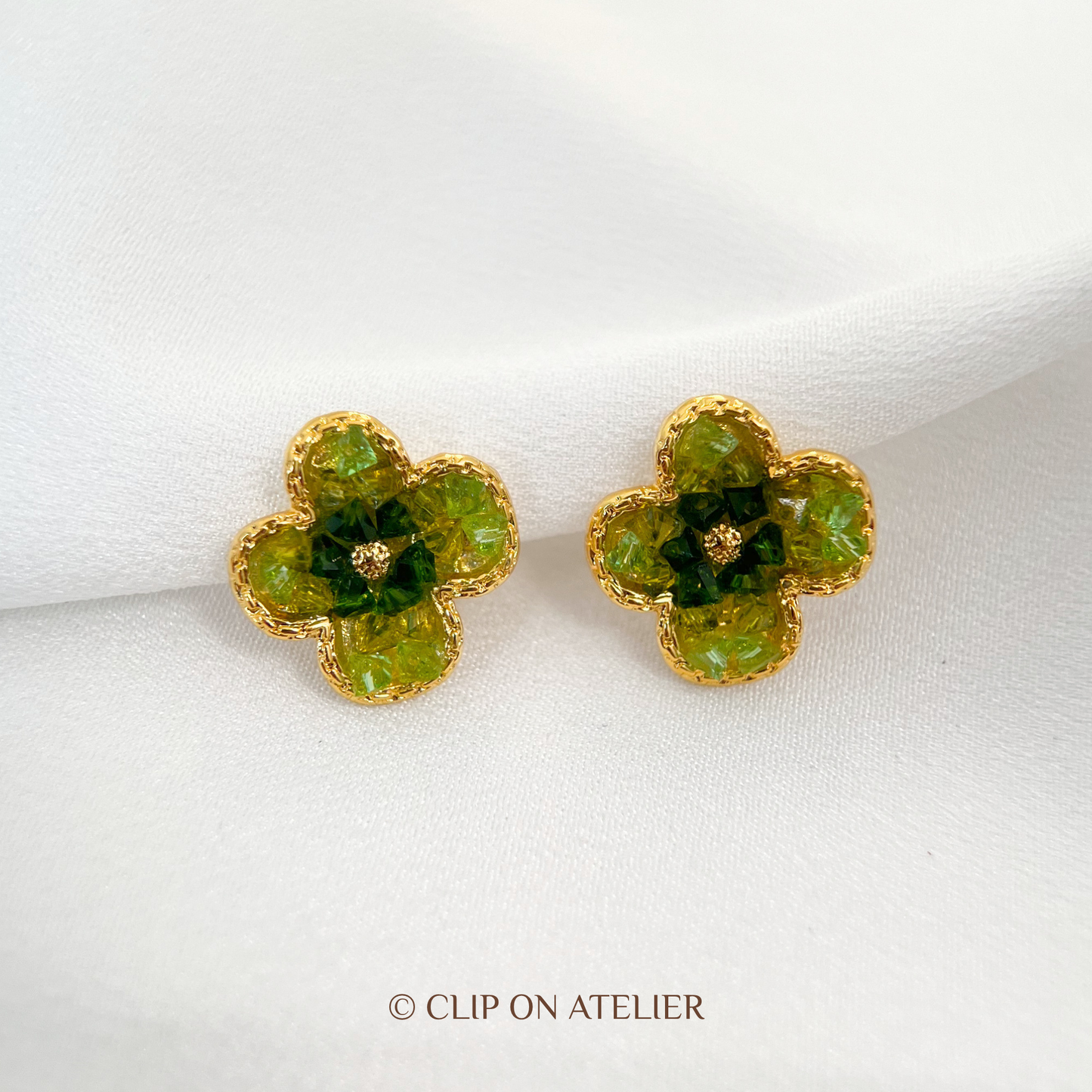 Olive Clover Crystal Clip-On Earrings