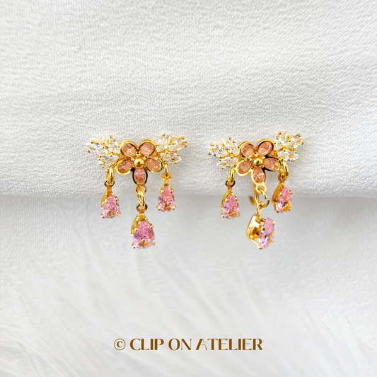 Luxe Pink Diamond Flower Dangle Clip On Earrings