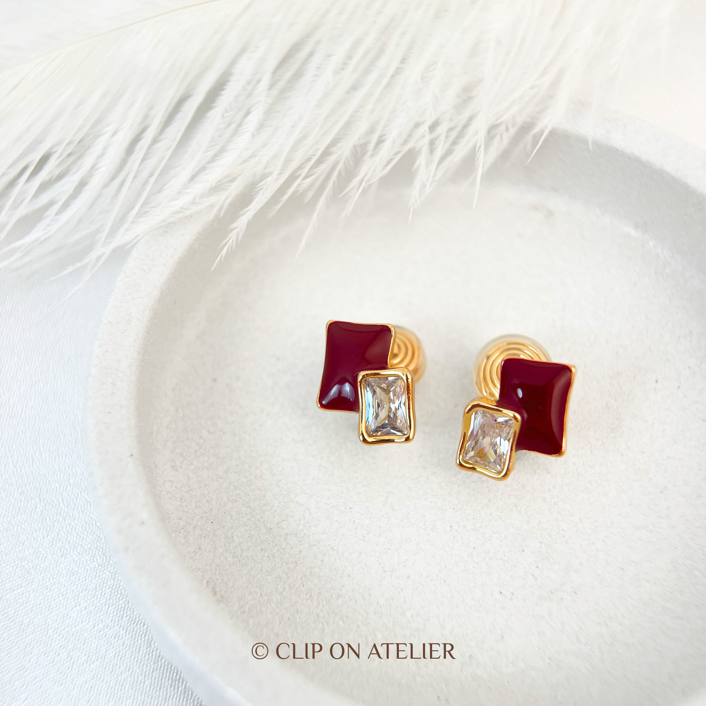 Red Geometric Diamond Clip On Earrings